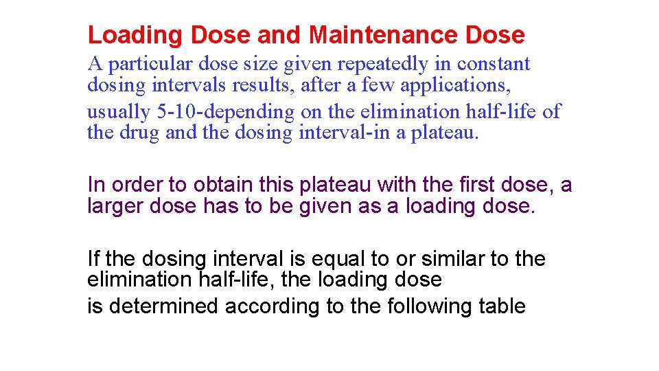 Loading Dose and Maintenance Dose A particular dose size given repeatedly in constant dosing