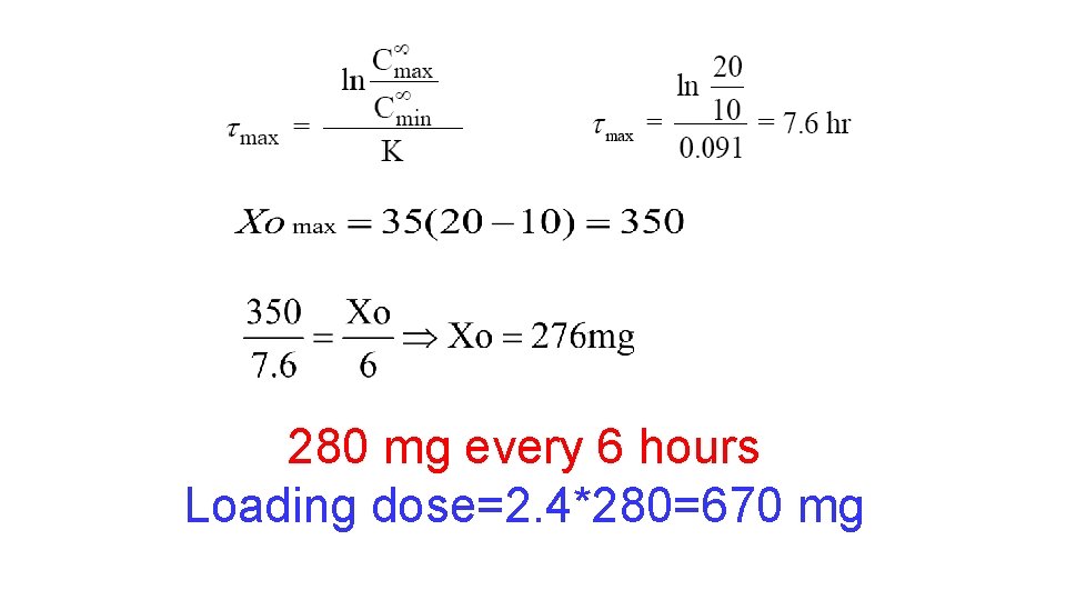 280 mg every 6 hours Loading dose=2. 4*280=670 mg 