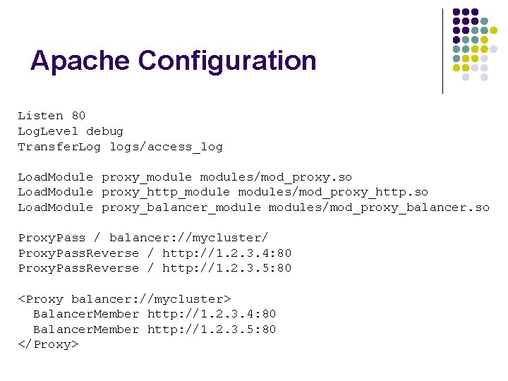 Apache Configuration Listen 80 Log. Level debug Transfer. Log logs/access_log Load. Module proxy_modules/mod_proxy. so