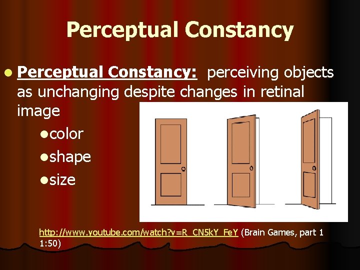 Perceptual Constancy l Perceptual Constancy: perceiving objects as unchanging despite changes in retinal image
