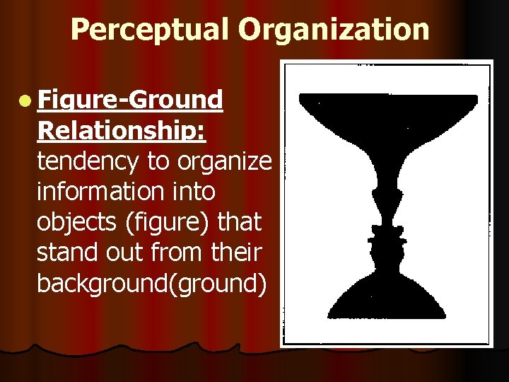 Perceptual Organization l Figure-Ground Relationship: tendency to organize information into objects (figure) that stand