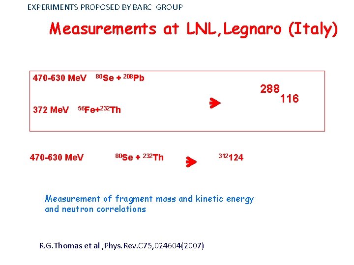 EXPERIMENTS PROPOSED BY BARC GROUP Measurements at LNL, Legnaro (Italy) 470 -630 Me. V