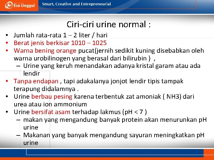 Ciri-ciri urine normal : • Jumlah rata-rata 1 – 2 liter / hari •