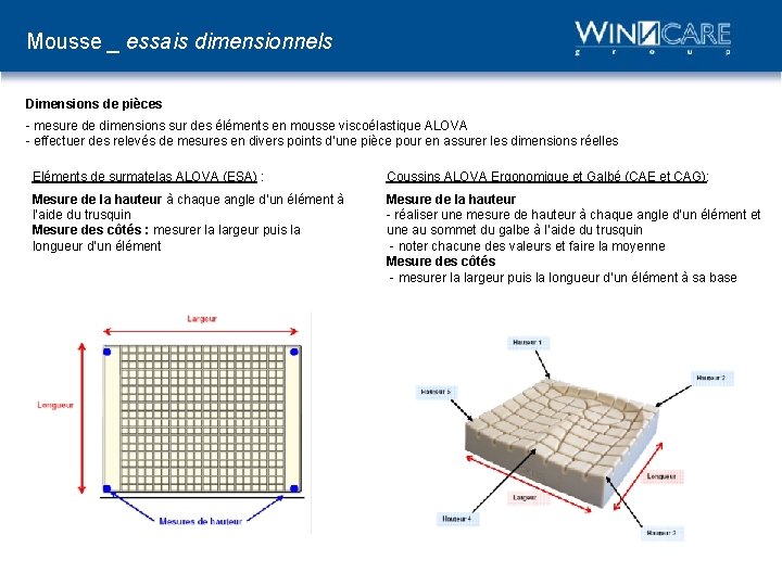 Mousse _ essais dimensionnels Dimensions de pièces - mesure de dimensions sur des éléments