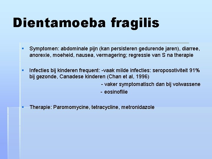 Dientamoeba fragilis § Symptomen: abdominale pijn (kan persisteren gedurende jaren), diarree, anorexie, moeheid, nausea,