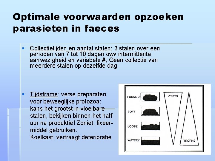 Optimale voorwaarden opzoeken parasieten in faeces § Collectietijden en aantal stalen: 3 stalen over