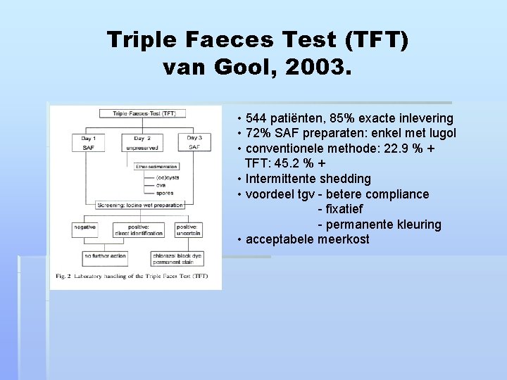 Triple Faeces Test (TFT) van Gool, 2003. • 544 patiënten, 85% exacte inlevering •