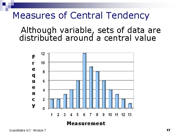 Measures of Central Tendency Although variable, sets of data are distributed around a central