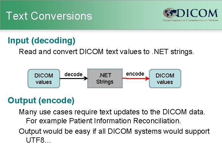 Text Conversions Input (decoding) Read and convert DICOM text values to. NET strings. DICOM