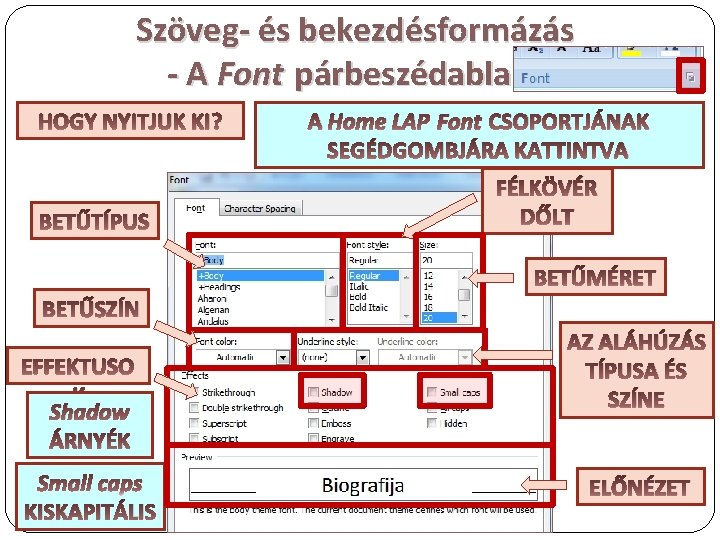 Szöveg- és bekezdésformázás - A Font párbeszédablak HOGY NYITJUK KI? BETŰTÍPUS A Home LAP