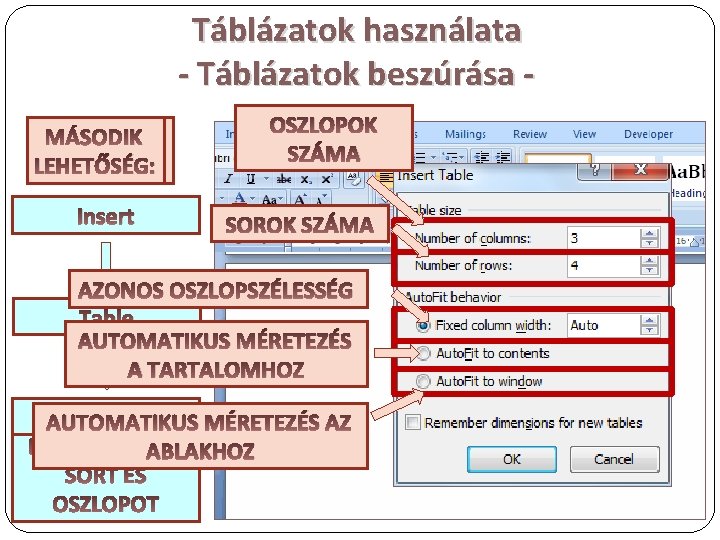 Táblázatok használata - Táblázatok beszúrása MÁSODIK ELSŐ LEHETŐSÉG: Insert OSZLOPOK SZÁMA SOROK SZÁMA AZONOS