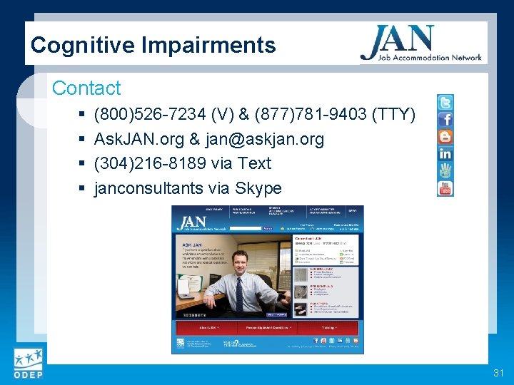 Cognitive Impairments Contact § § (800)526 -7234 (V) & (877)781 -9403 (TTY) Ask. JAN.