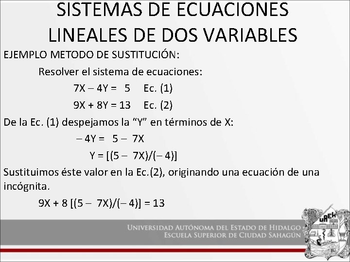 SISTEMAS DE ECUACIONES LINEALES DE DOS VARIABLES EJEMPLO METODO DE SUSTITUCIÓN: Resolver el sistema