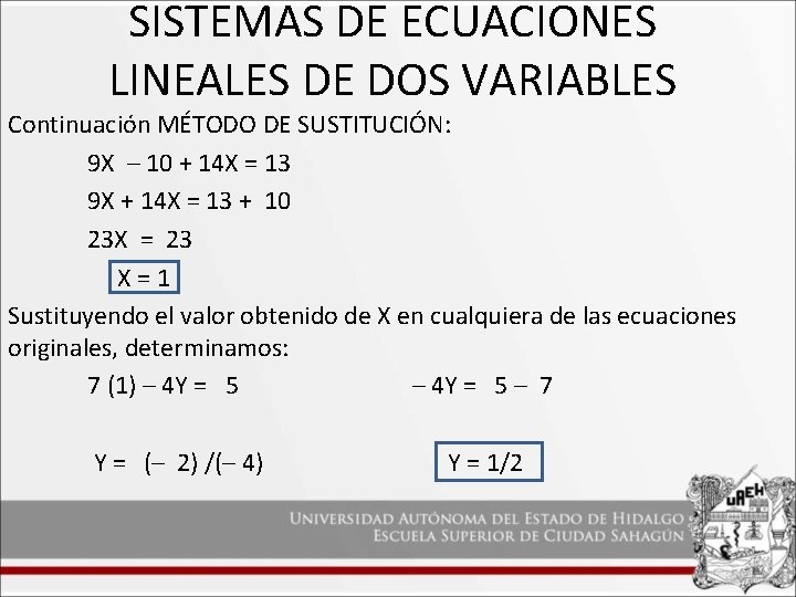 SISTEMAS DE ECUACIONES LINEALES DE DOS VARIABLES Continuación MÉTODO DE SUSTITUCIÓN: 9 X –