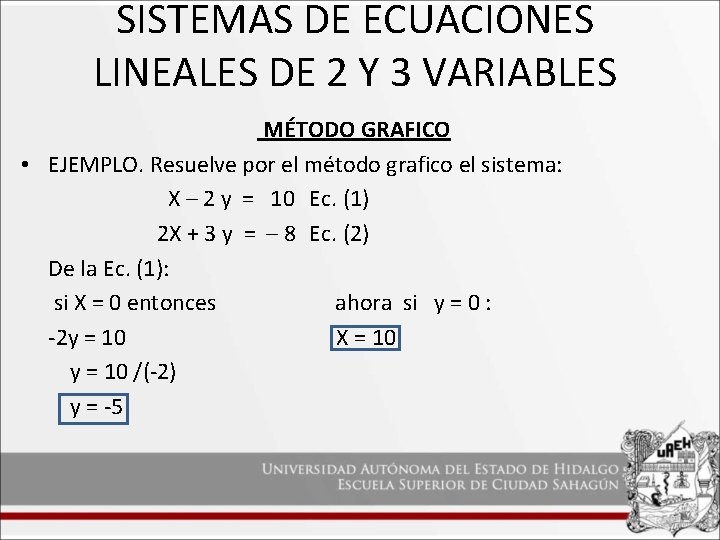 SISTEMAS DE ECUACIONES LINEALES DE 2 Y 3 VARIABLES MÉTODO GRAFICO • EJEMPLO. Resuelve