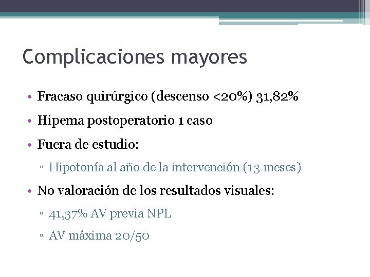 Complicaciones mayores • Fracaso quirúrgico (descenso <20%) 31, 82% • Hipema postoperatorio 1 caso