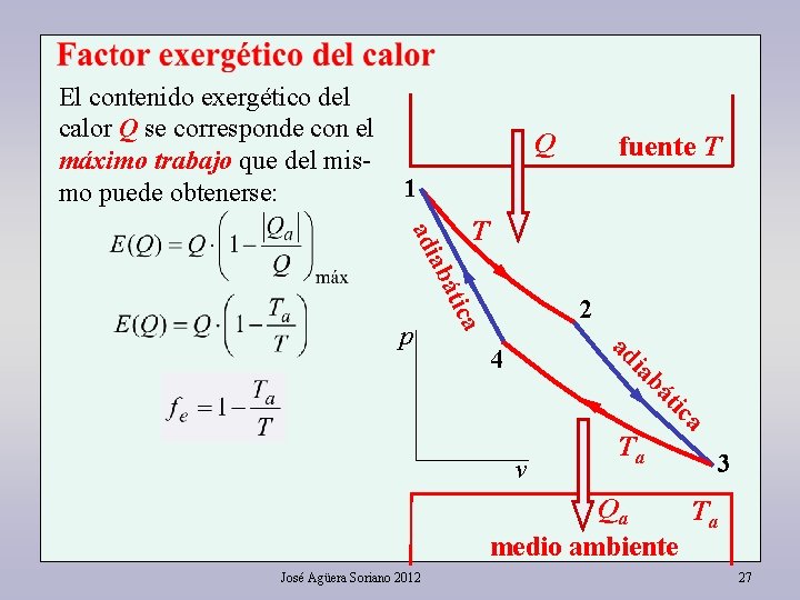 El contenido exergético del calor Q se corresponde con el máximo trabajo que del