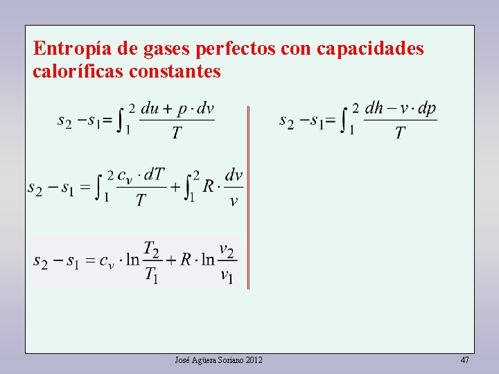 Entropía de gases perfectos con capacidades caloríficas constantes José Agüera Soriano 2012 47 