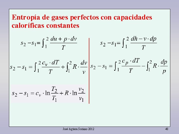 Entropía de gases perfectos con capacidades caloríficas constantes José Agüera Soriano 2012 48 