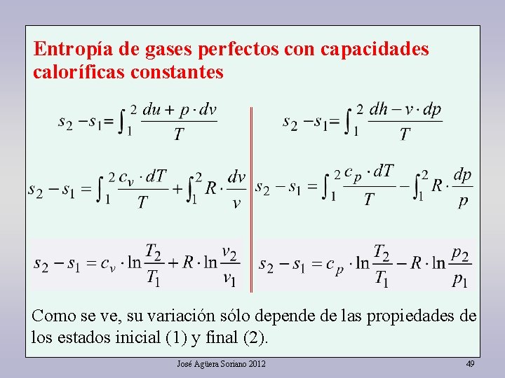 Entropía de gases perfectos con capacidades caloríficas constantes Como se ve, su variación sólo