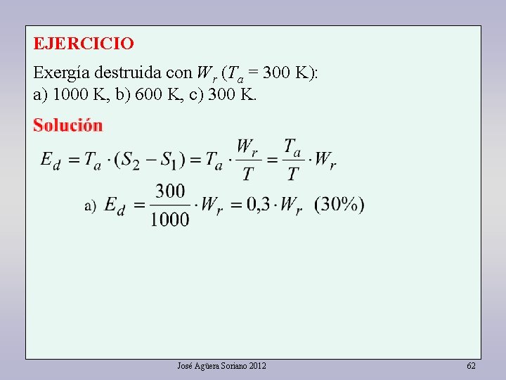 EJERCICIO Exergía destruida con Wr (Ta = 300 K): a) 1000 K, b) 600