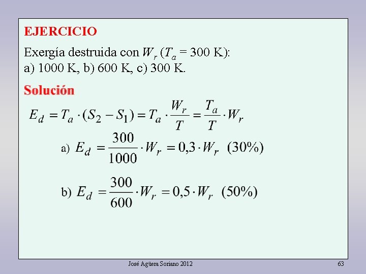EJERCICIO Exergía destruida con Wr (Ta = 300 K): a) 1000 K, b) 600