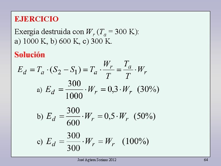 EJERCICIO Exergía destruida con Wr (Ta = 300 K): a) 1000 K, b) 600