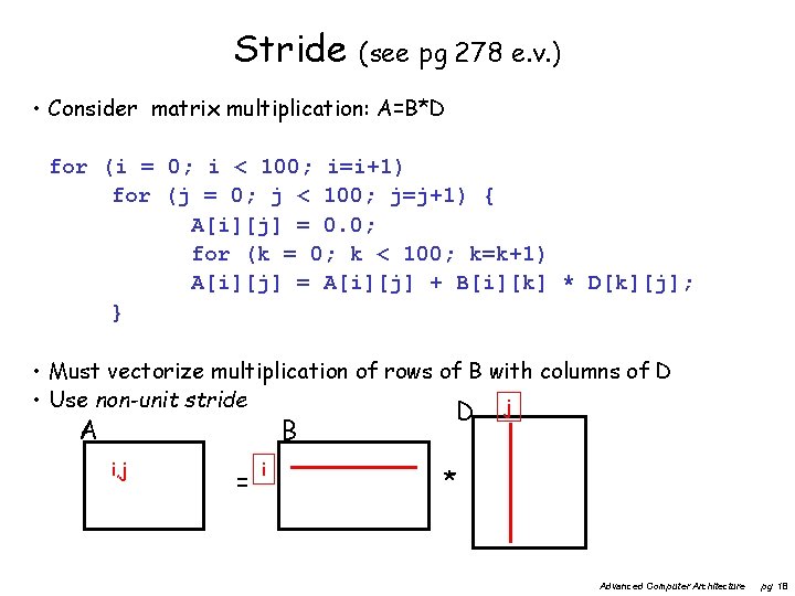 Stride (see pg 278 e. v. ) • Consider matrix multiplication: A=B*D for (i