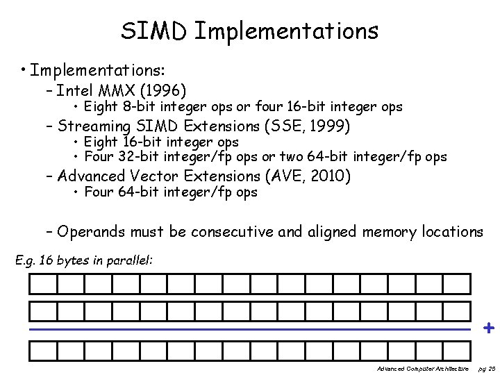 SIMD Implementations • Implementations: – Intel MMX (1996) • Eight 8 -bit integer ops