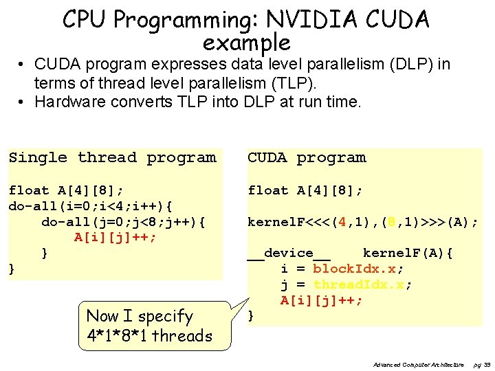 CPU Programming: NVIDIA CUDA example • CUDA program expresses data level parallelism (DLP) in