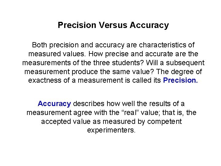 Precision Versus Accuracy Both precision and accuracy are characteristics of measured values. How precise