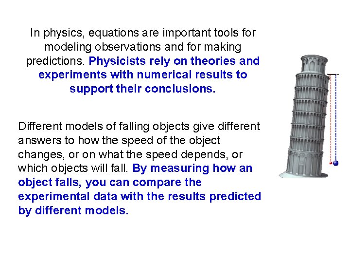 In physics, equations are important tools for modeling observations and for making predictions. Physicists