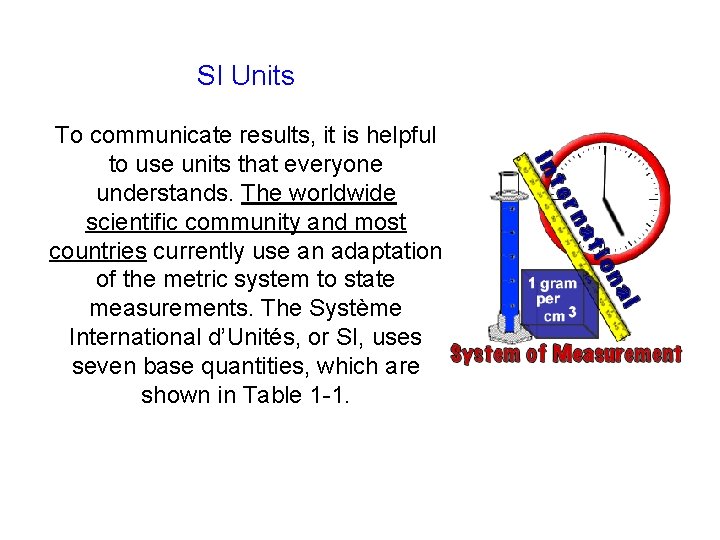 SI Units To communicate results, it is helpful to use units that everyone understands.