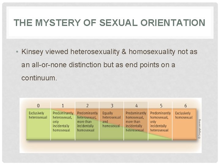 THE MYSTERY OF SEXUAL ORIENTATION • Kinsey viewed heterosexuality & homosexuality not as an