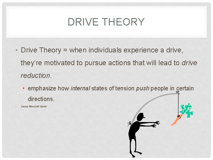 DRIVE THEORY • Drive Theory = when individuals experience a drive, they’re motivated to