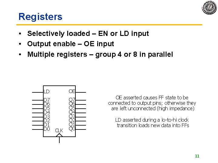 Registers • Selectively loaded – EN or LD input • Output enable – OE