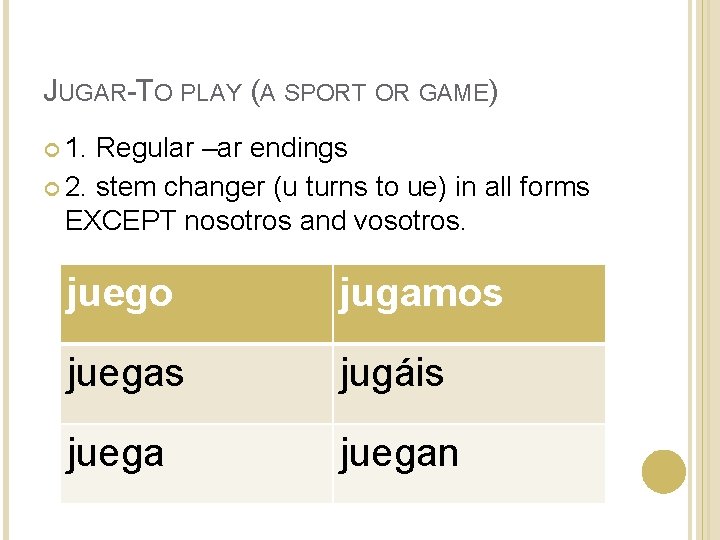 JUGAR-TO PLAY (A SPORT OR GAME) 1. Regular –ar endings 2. stem changer (u JUGAR-TO PLAY (A SPORT OR GAME) 1. Regular –ar endings 2. stem changer (u