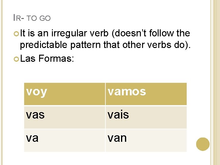 IR- TO GO It is an irregular verb (doesn’t follow the predictable pattern that IR- TO GO It is an irregular verb (doesn’t follow the predictable pattern that