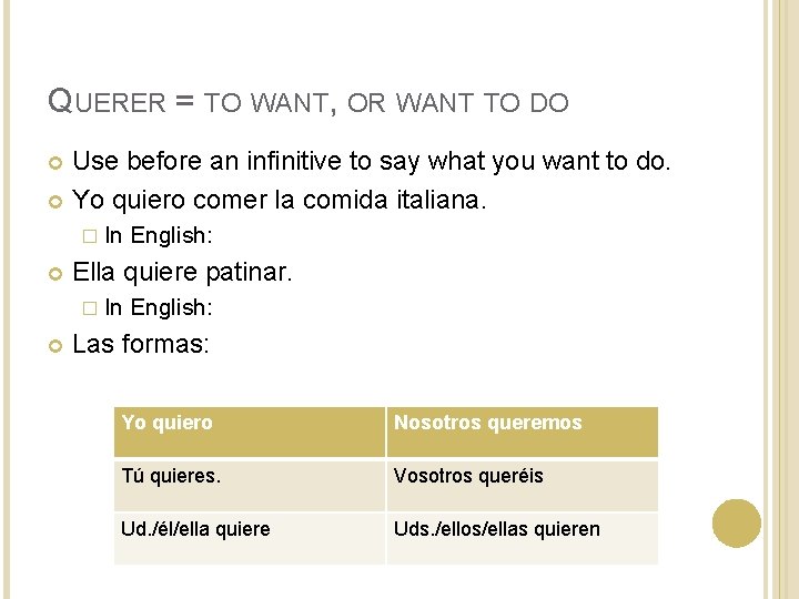 QUERER = TO WANT, OR WANT TO DO Use before an infinitive to say QUERER = TO WANT, OR WANT TO DO Use before an infinitive to say