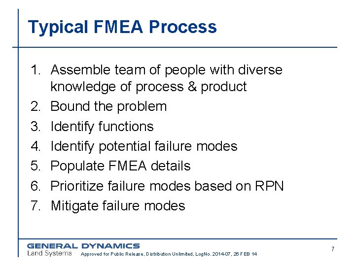 Typical FMEA Process 1. Assemble team of people with diverse knowledge of process &