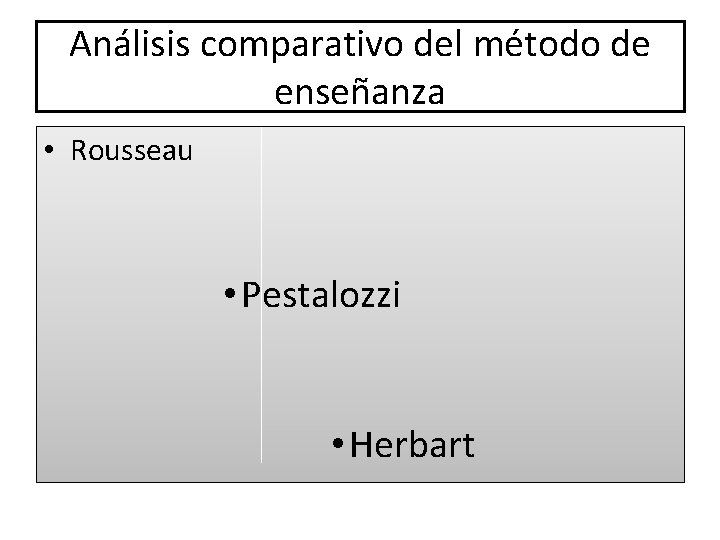 Análisis comparativo del método de enseñanza • Rousseau • Pestalozzi • Herbart Análisis comparativo del método de enseñanza • Rousseau • Pestalozzi • Herbart