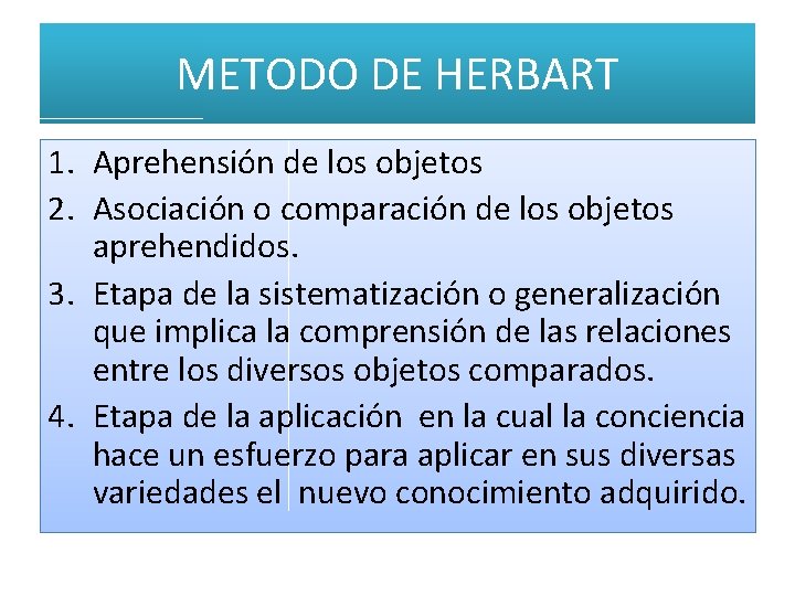 METODO DE HERBART 1. Aprehensión de los objetos 2. Asociación o comparación de los METODO DE HERBART 1. Aprehensión de los objetos 2. Asociación o comparación de los