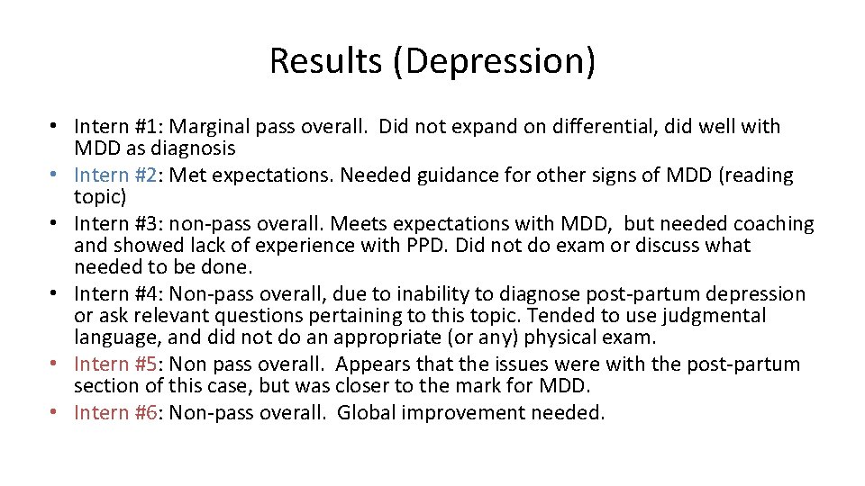 Results (Depression) • Intern #1: Marginal pass overall. Did not expand on differential, did