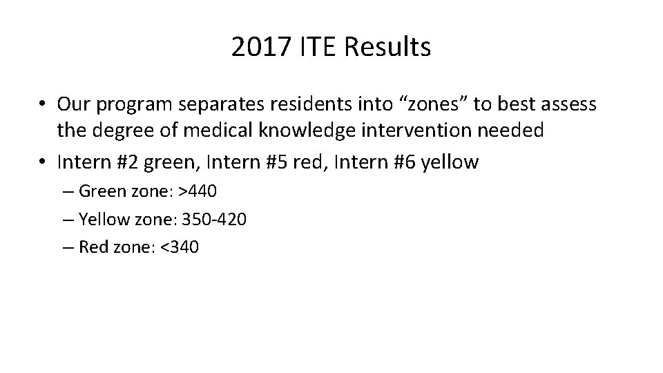 2017 ITE Results • Our program separates residents into “zones” to best assess the