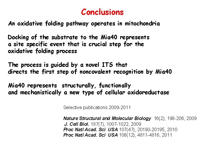 Conclusions An oxidative folding pathway operates in mitochondria Docking of the substrate to the