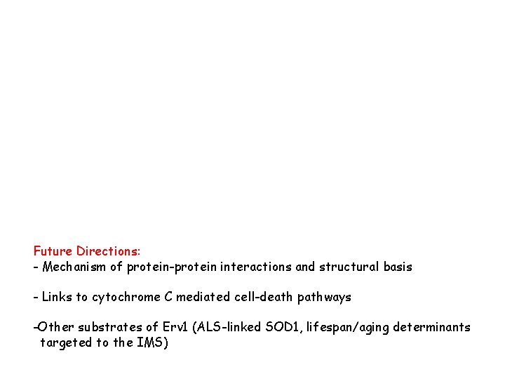 Future Directions: - Mechanism of protein-protein interactions and structural basis - Links to cytochrome