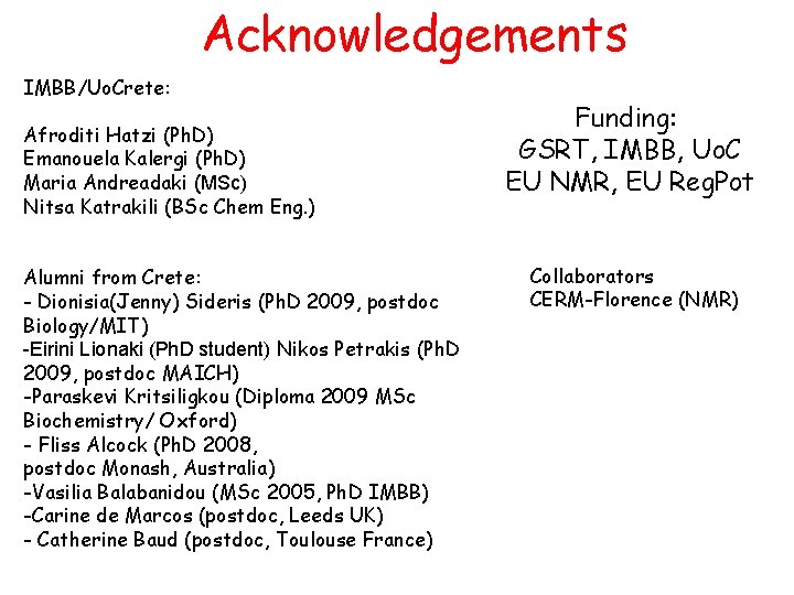 Acknowledgements IMBB/Uo. Crete: Afroditi Hatzi (Ph. D) Emanouela Kalergi (Ph. D) Maria Andreadaki (MSc)