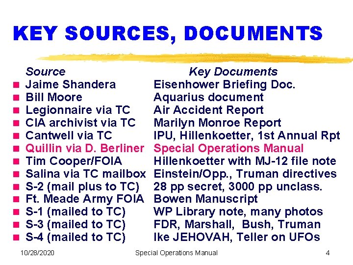 KEY SOURCES, DOCUMENTS Source Jaime Shandera Bill Moore Legionnaire via TC CIA archivist via