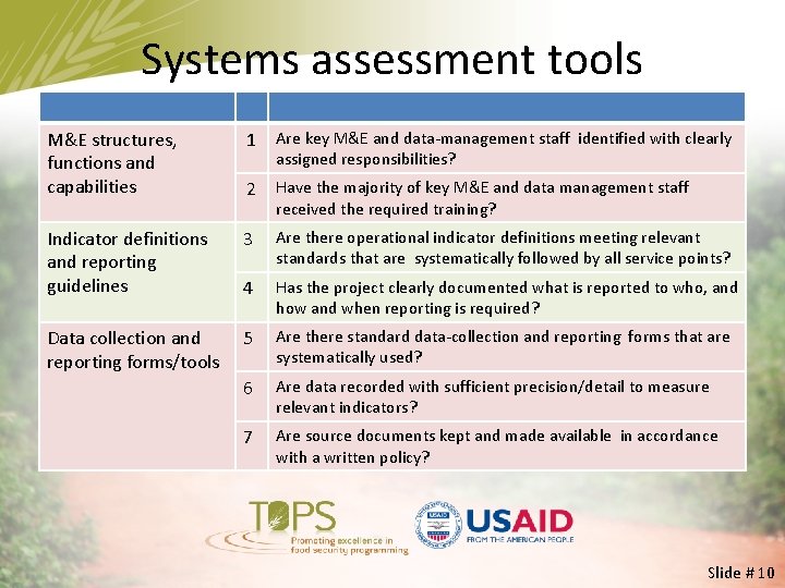 Systems assessment tools M&E structures, functions and capabilities 1 Are key M&E and data-management