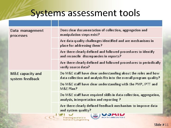Systems assessment tools Data management processes Does clear documentation of collection, aggregation and manipulation